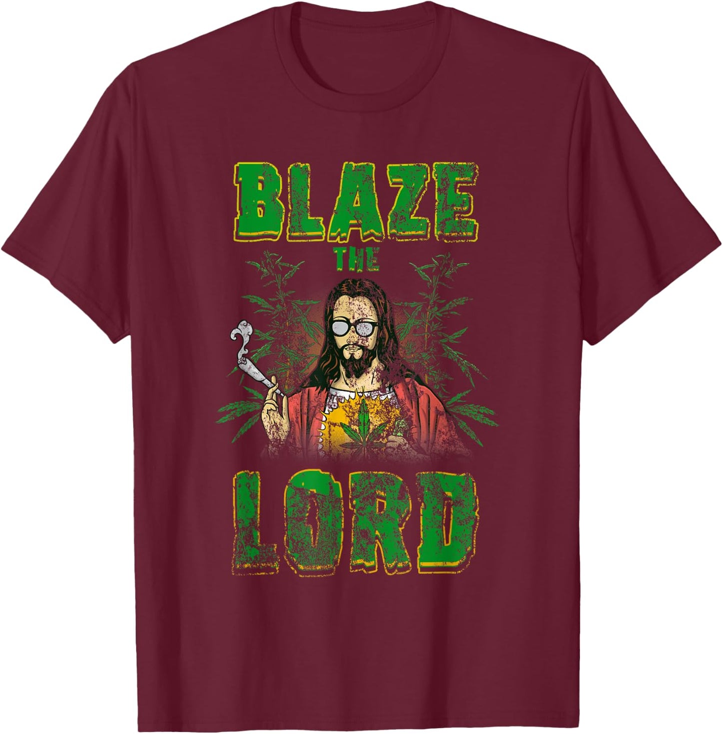 Vintage CBD Cannabis Jesus Shirt Blaze The Lord Funny AF 420 T-Shirt - T-Shirt | Maroon