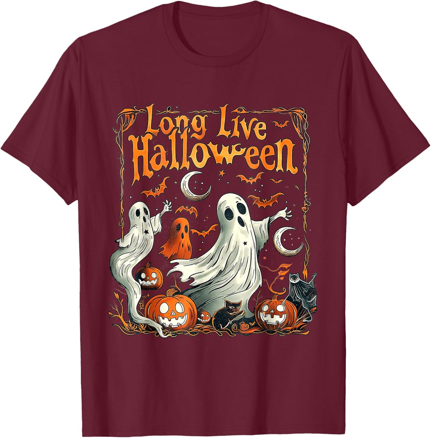 Retro Long Live Halloween Spooky Season Pumpkin Ghost T-Shirt - T-Shirt | Maroon
