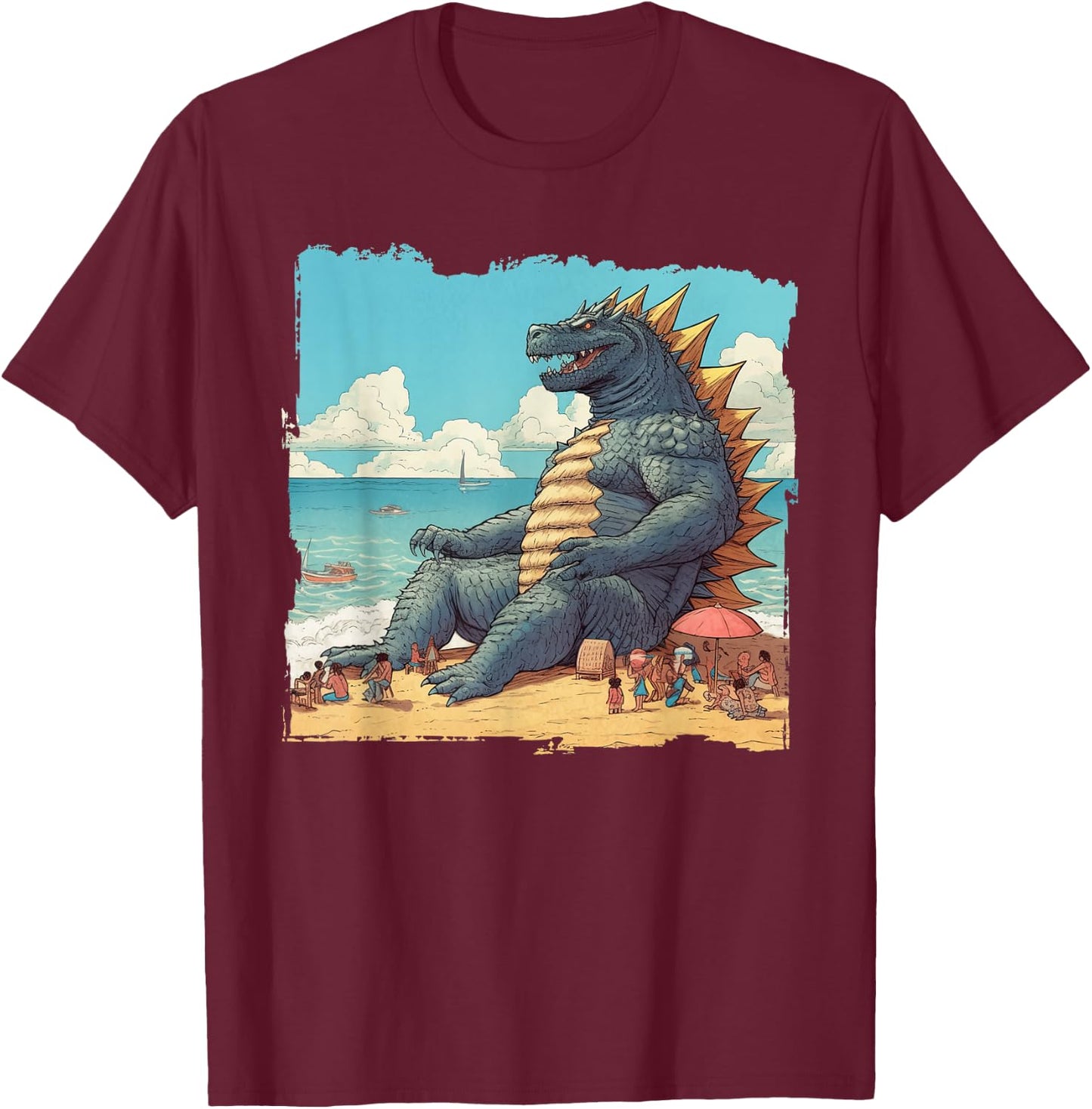 Kaiju on The Beach Suntanning Vacation Ocean Holiday Party T-Shirt - T-Shirt | Maroon