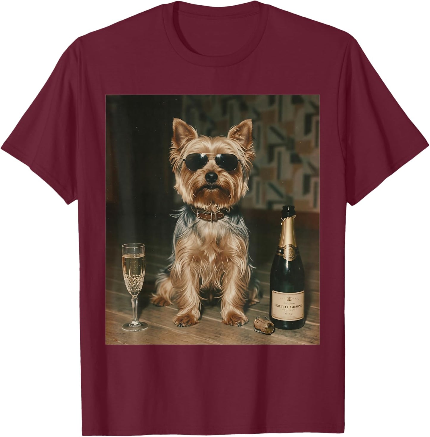 Yorkie Drinking Champagne Funny Father’s Day T-Shirt - T-Shirt | Maroon