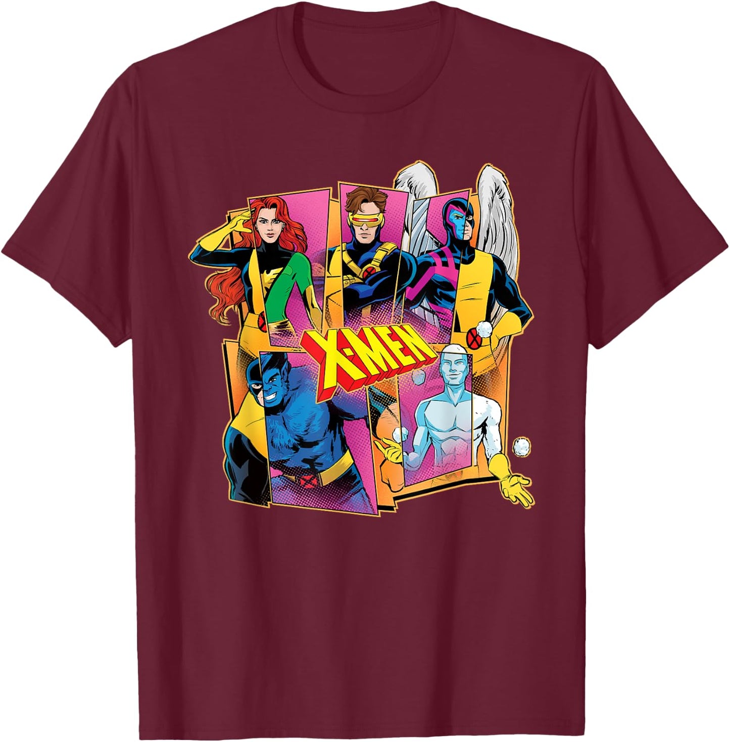 Marvel X-Men Mutant Heroes '60s & '90s Retro Comic Costumes , Black, S T-Shirt - T-Shirt | Maroon