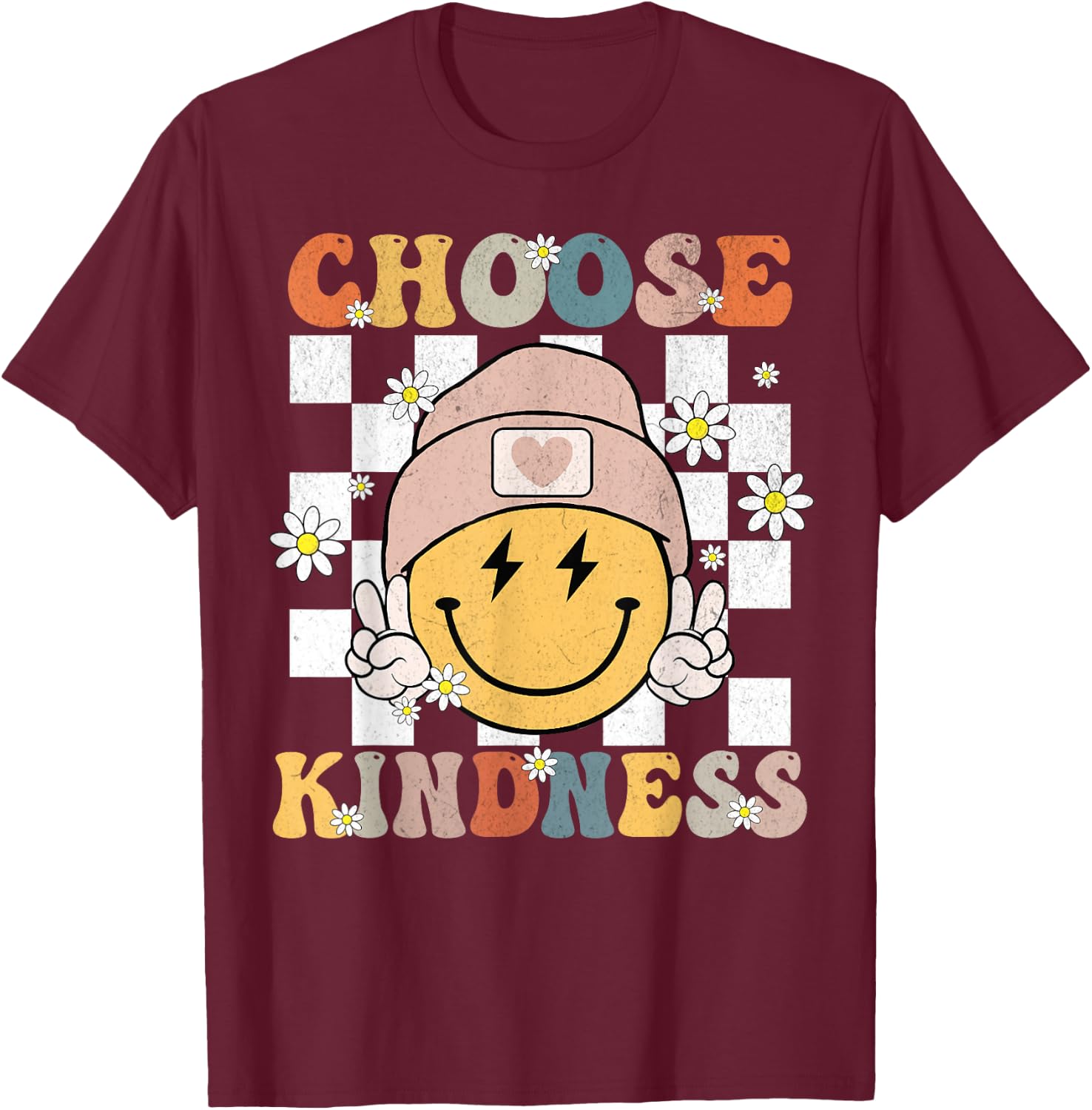 Retro Choose Kindness Smile Face Groovy Be Kind Women Kids T-Shirt - T-Shirt | Maroon