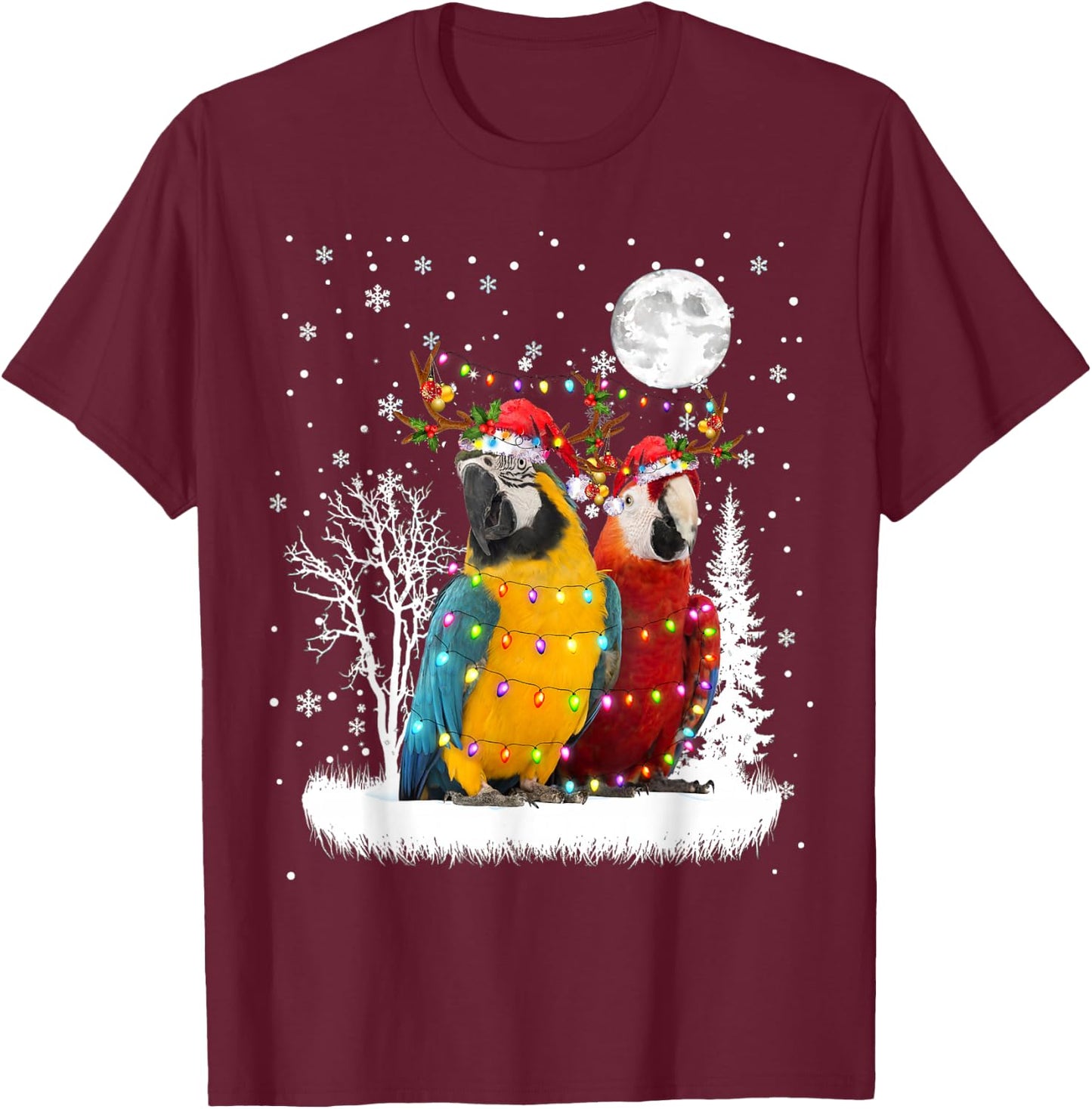 Parrot Under Moonlight Snow Christmas Pajama T-Shirt - T-Shirt | Maroon