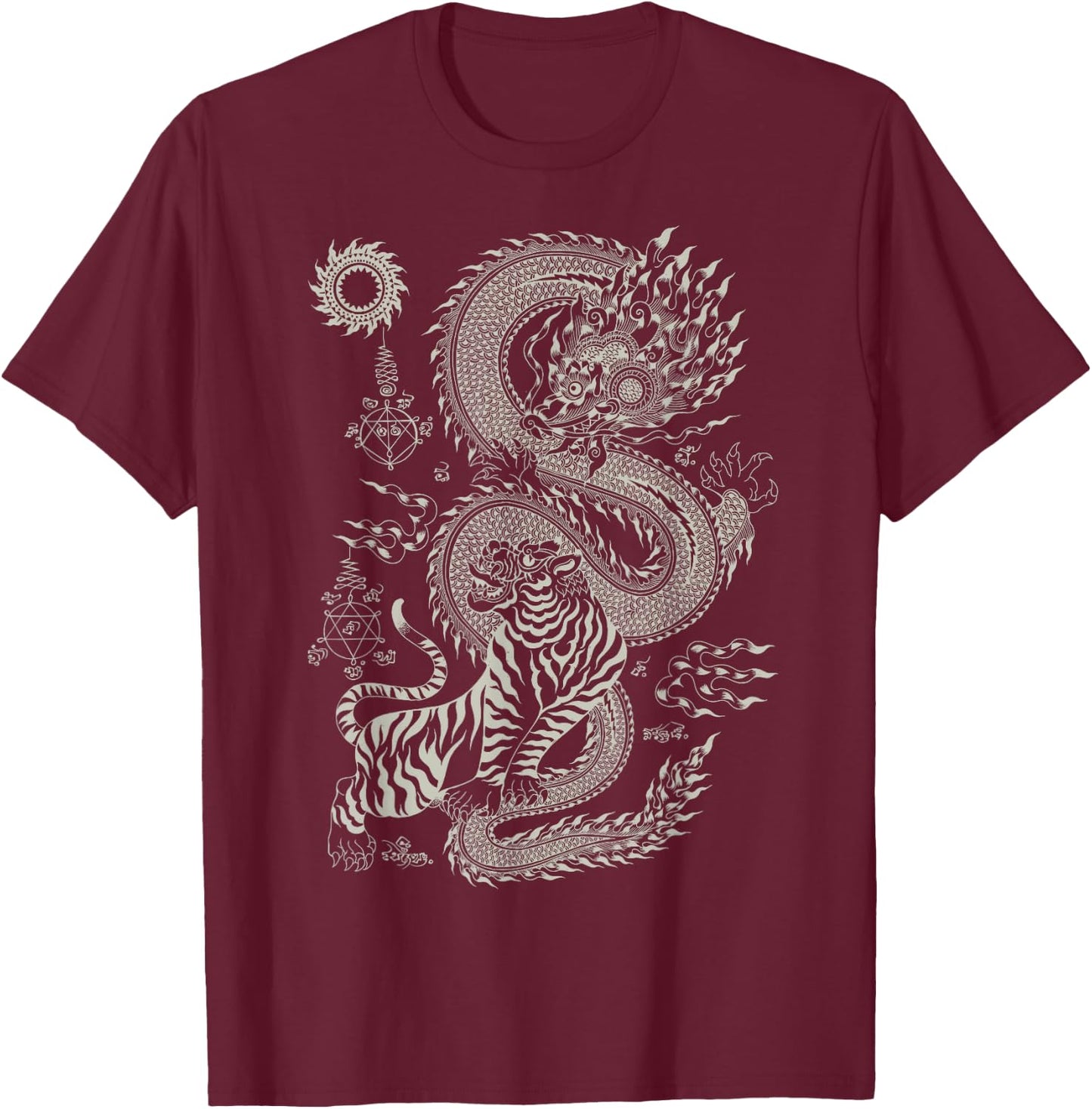 Thai Talisman Tiger Dragon Thailand Traditional Art Graphic T-Shirt - T-Shirt | Maroon