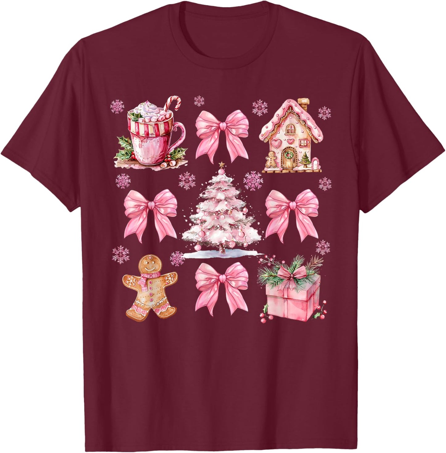 Cute Pink Coquette Bow Gingerbreads Coffee Family Xmas Tree T-Shirt - T-Shirt | Maroon