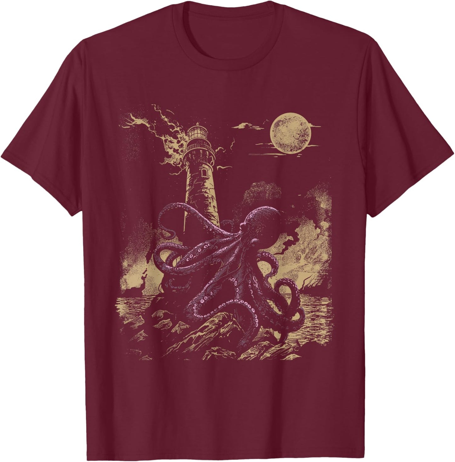 Nautical Lighthouse Octopus T-Shirt - T-Shirt | Maroon