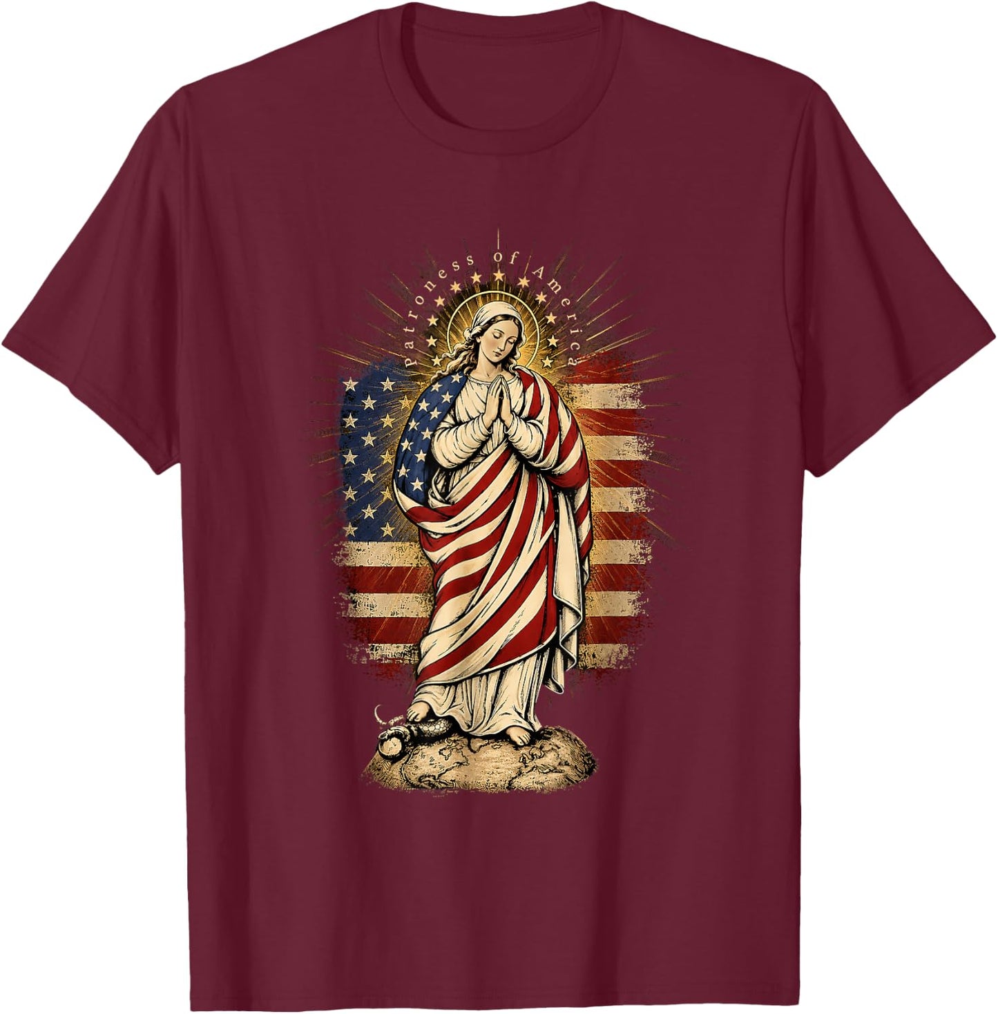 Patroness of The USA Blessed Virgin Mary Catholic Art T-Shirt - T-Shirt | Maroon