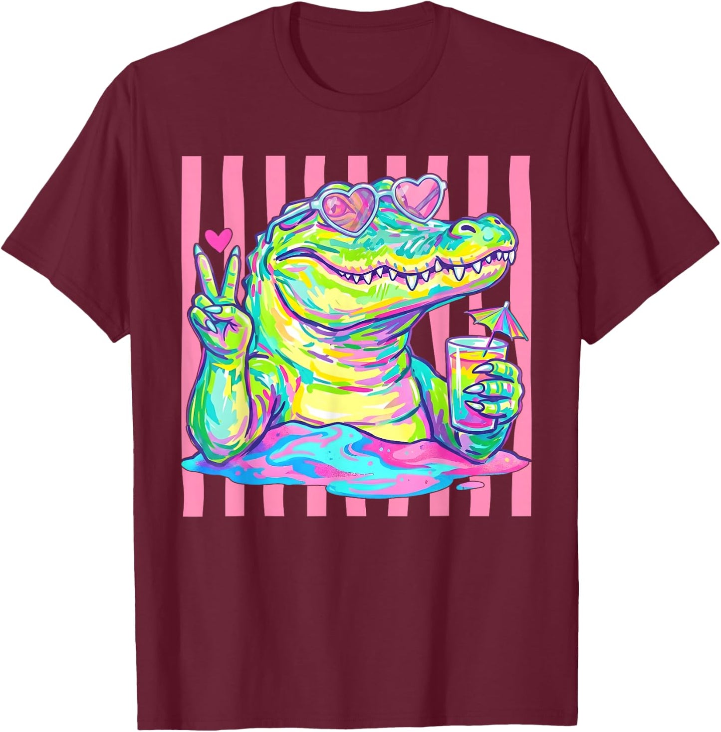 Preppy Alligator Heart Sunglasses Striped Aesthetic Summer T-Shirt - T-Shirt | Maroon