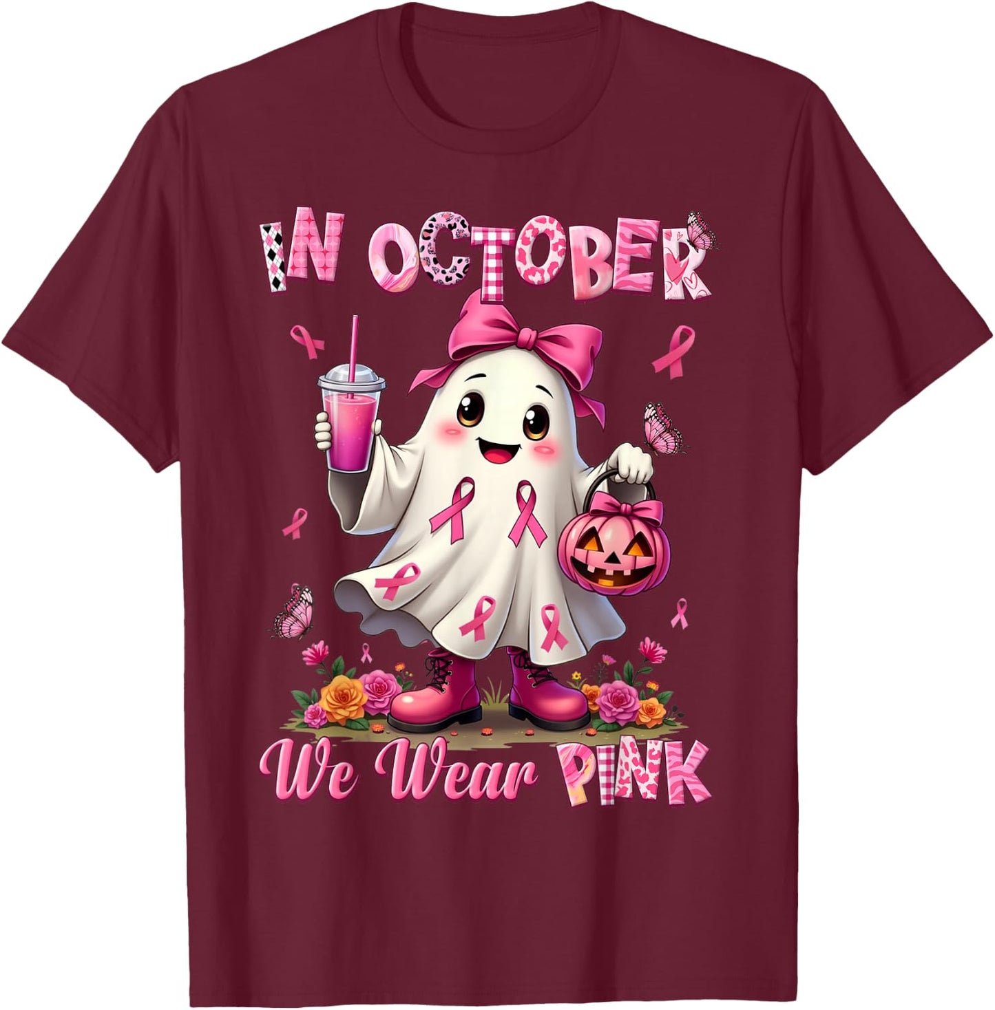 In October We Wear Pink Ghost Breast Cancer Awareness T-Shirt - T-Shirt | Maroon