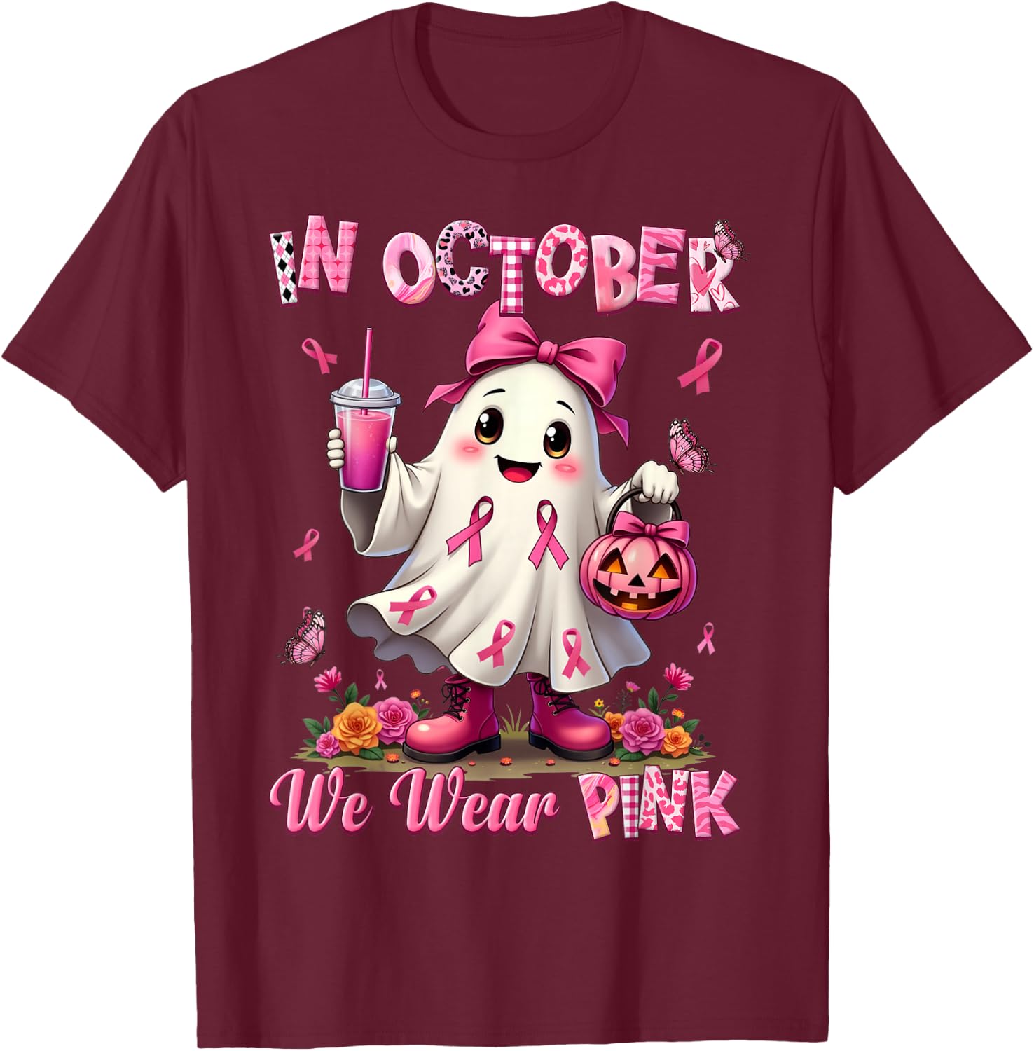 In October We Wear Pink Ghost Breast Cancer Awareness T-Shirt - T-Shirt | Maroon
