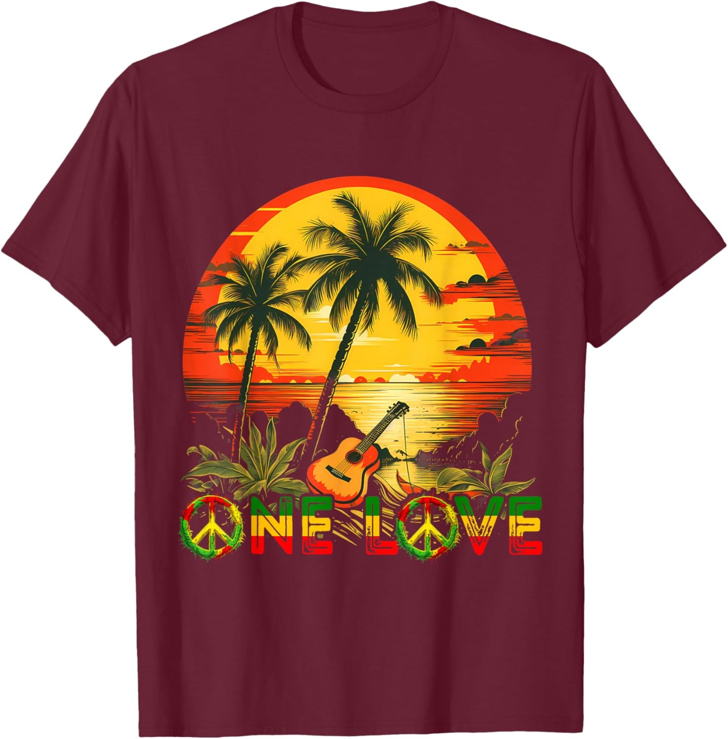 Rasta Reggae Sunset Guitarist Guitar Jamaica Reggae Music , black T-Shirt - T-Shirt | Maroon