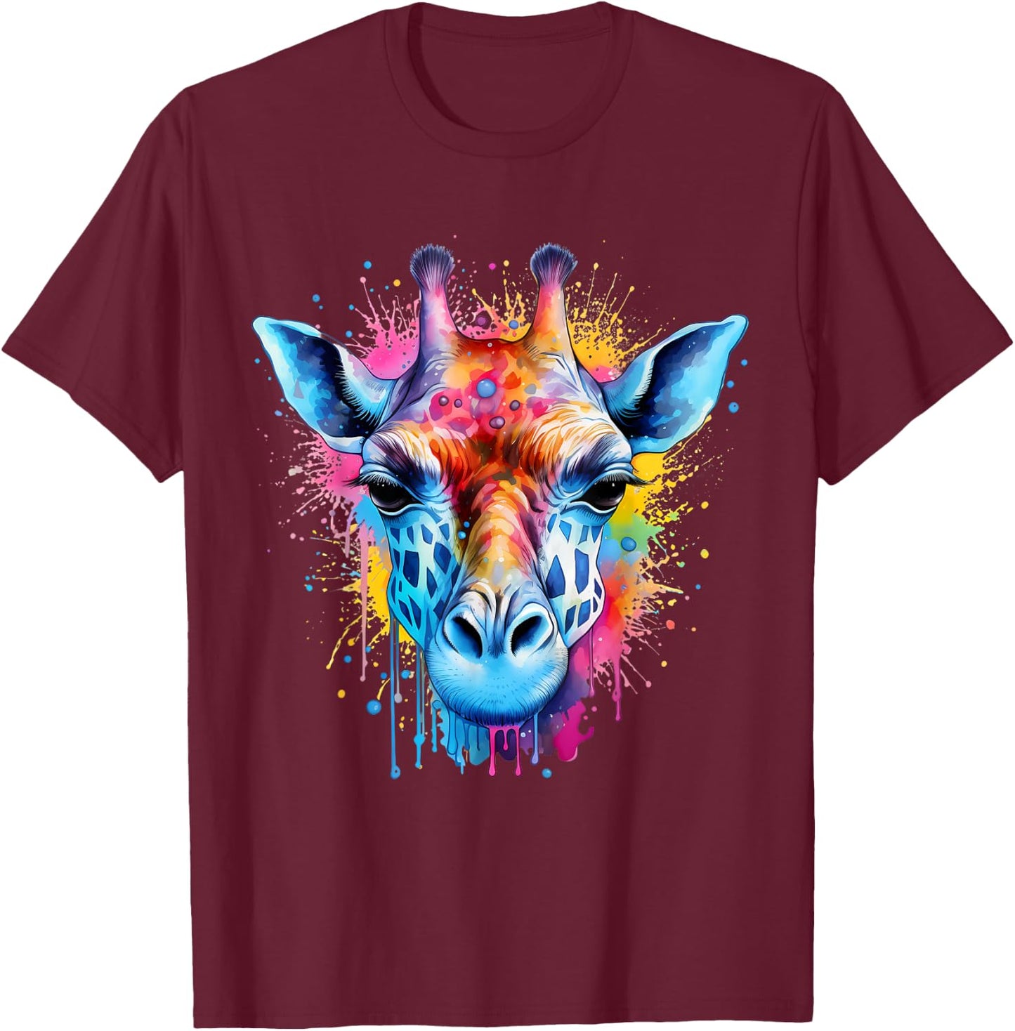 Giraffe Wildlife Artwork Portrait Colorful Splash Savanna T-Shirt - T-Shirt | Maroon