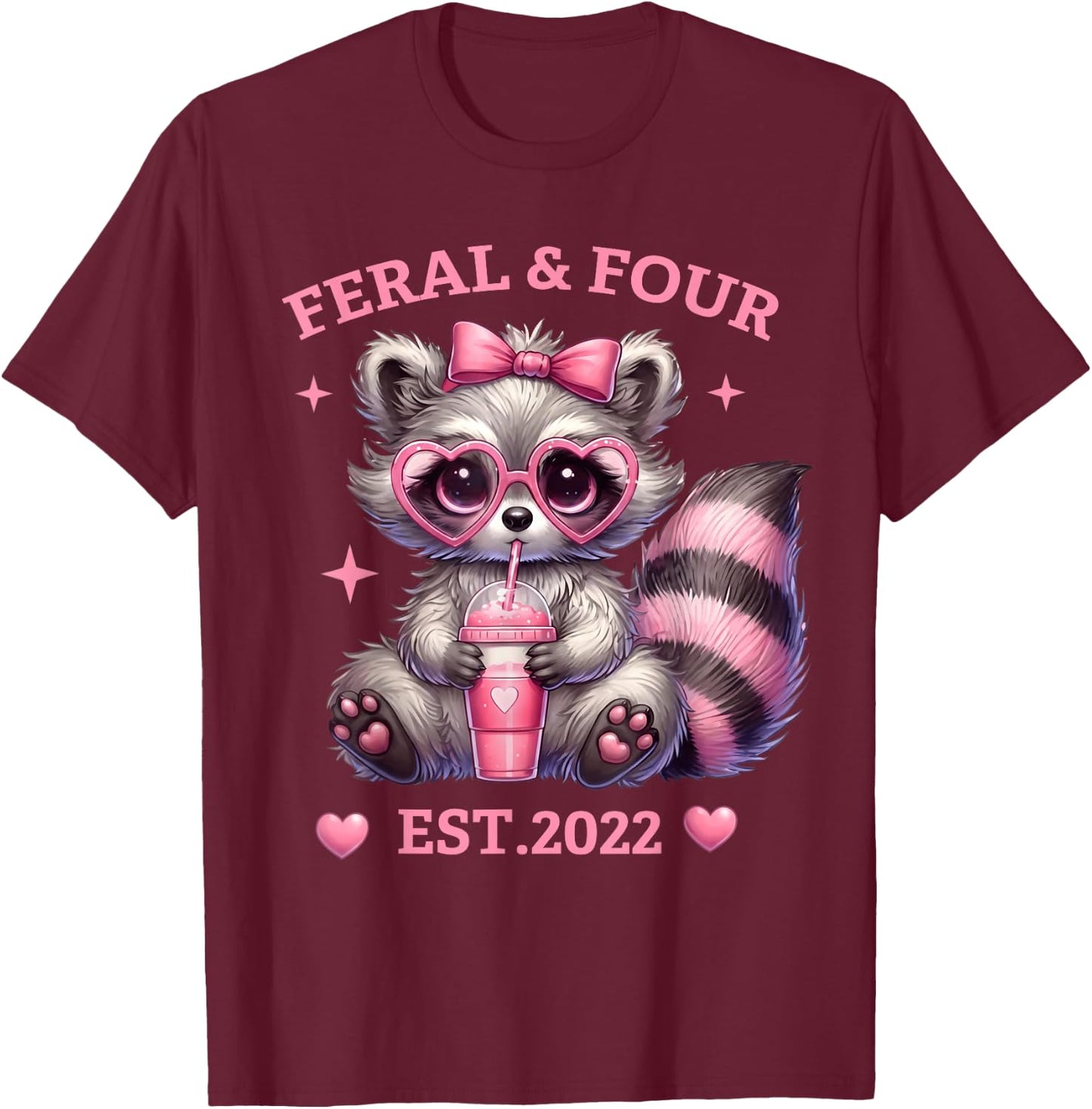Feral and Four Est 2022 Pink Bow Cute Raccoon 4th Birthday T-Shirt - T-Shirt | Maroon