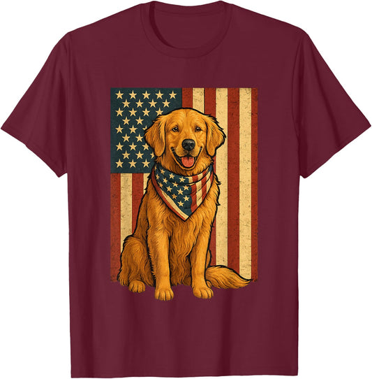 Golden Retriever American Flag Bandana 4th of July T-Shirt - T-Shirt | Maroon