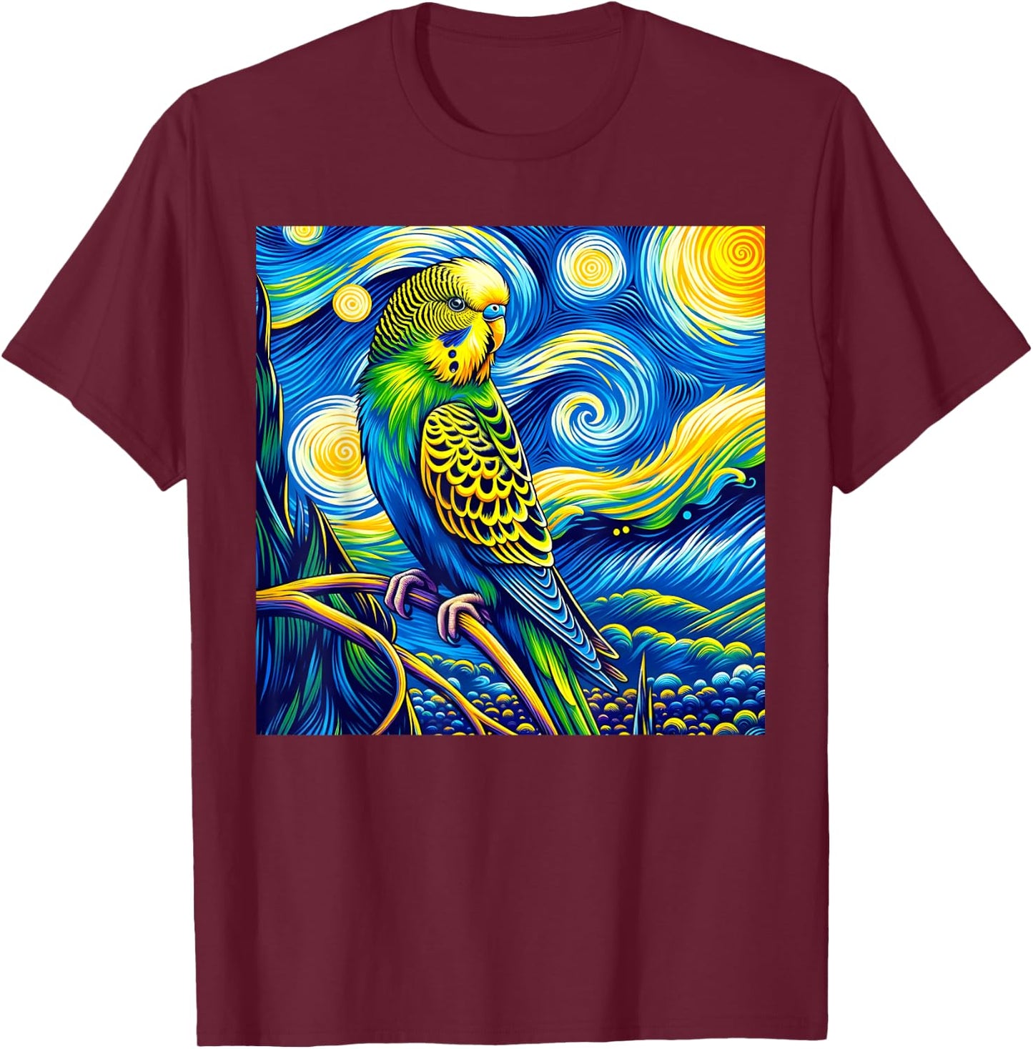 Budgie Parakeet Parrot Budgerigar Bird Starry Night Van Gogh T-Shirt - T-Shirt | Maroon