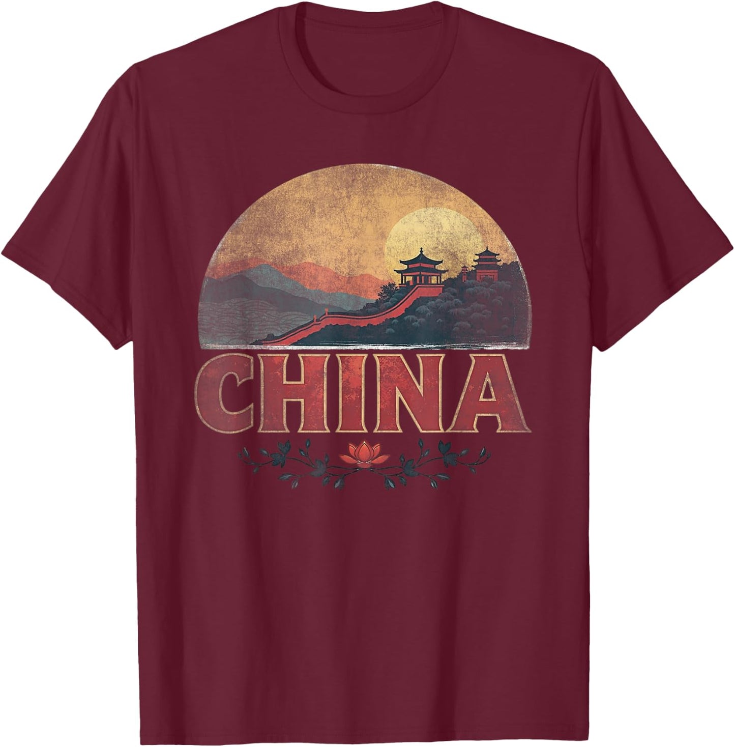 Retro China Landscape Vintage Souvenir T-Shirt - T-Shirt | Maroon