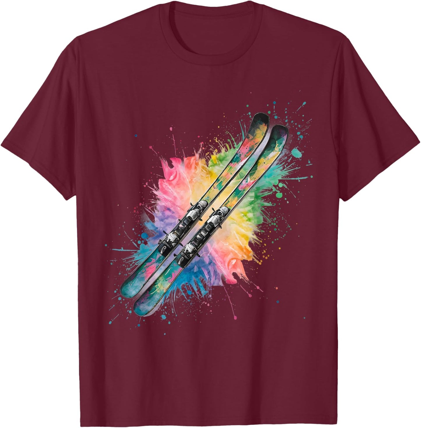 Skifahren Herren Damen Bunt Aquarell Skifahren T-Shirt - T-Shirt | Maroon