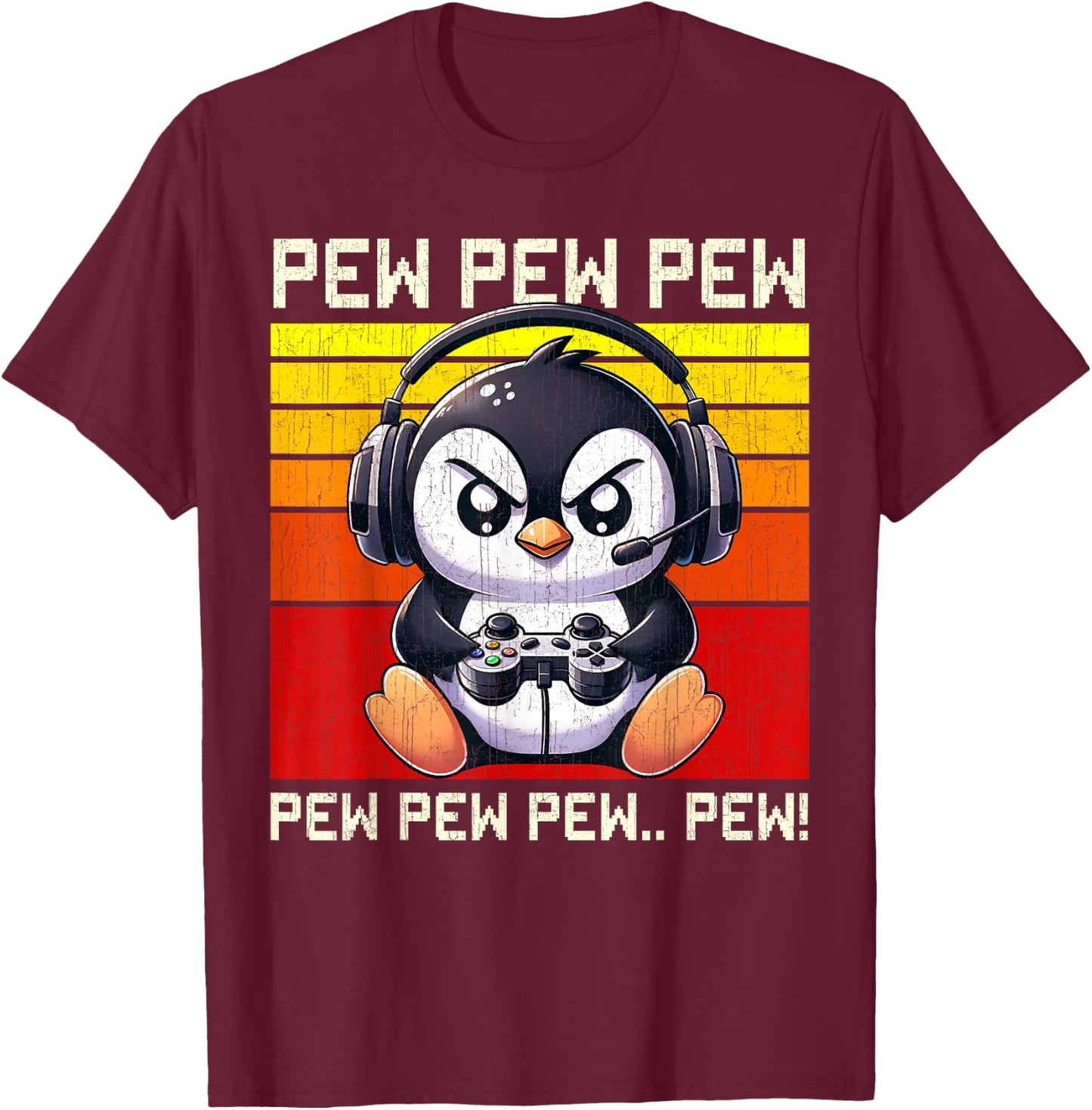 Penguin Gamer Pew Funny Video Games Vintage Boys Men Girls T-Shirt - T-Shirt | Maroon