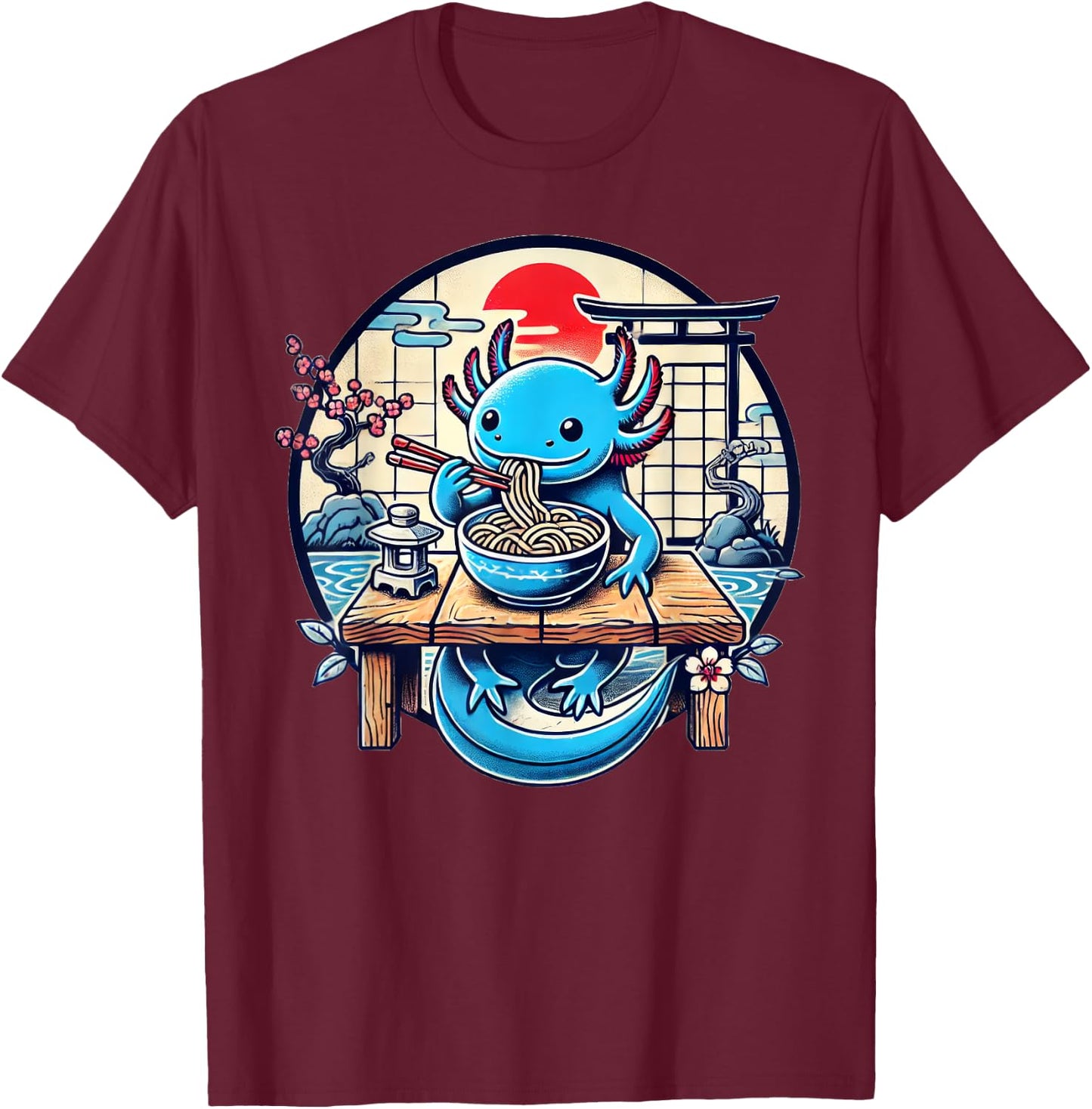 Kawaii Axolotl Eating Ramen Noodles Japanese T-Shirt - T-Shirt | Maroon