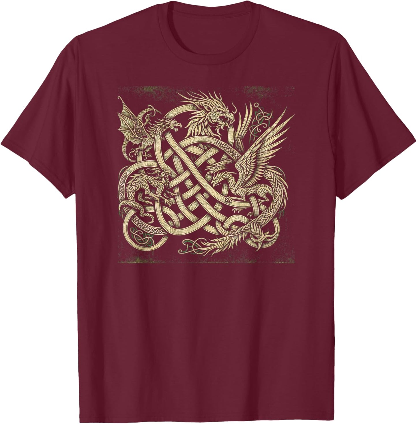 Intricate Celtic Knot with Dragon and Phoenix T-Shirt - T-Shirt | Maroon