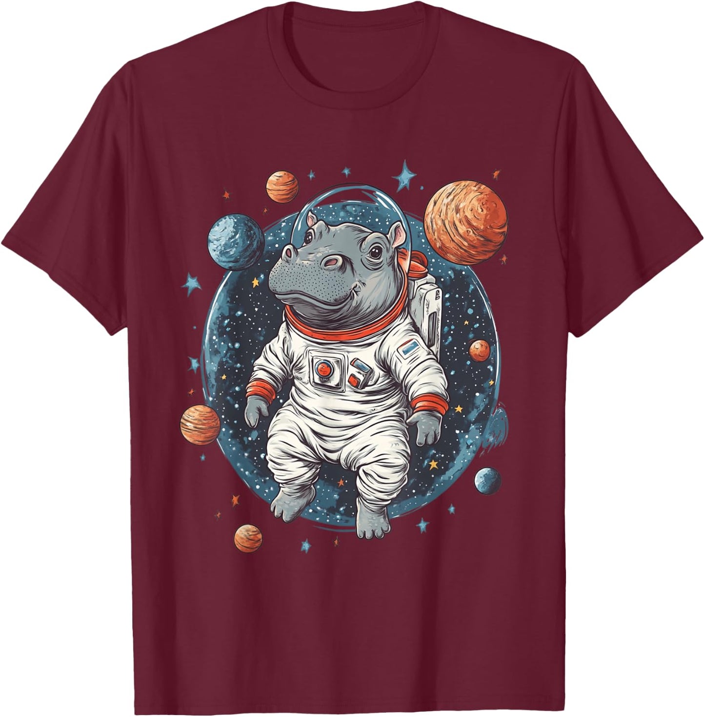 Funny Hippo In Space Planets Hippopotamus T-Shirt - T-Shirt | Maroon