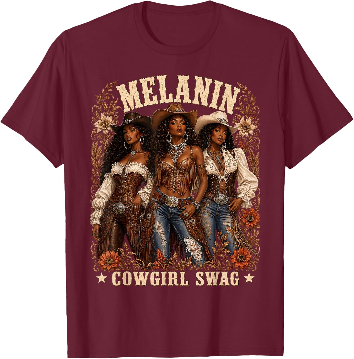 Cowgirl African Melanin Cow Girl Outfit T-Shirt - T-Shirt | Maroon