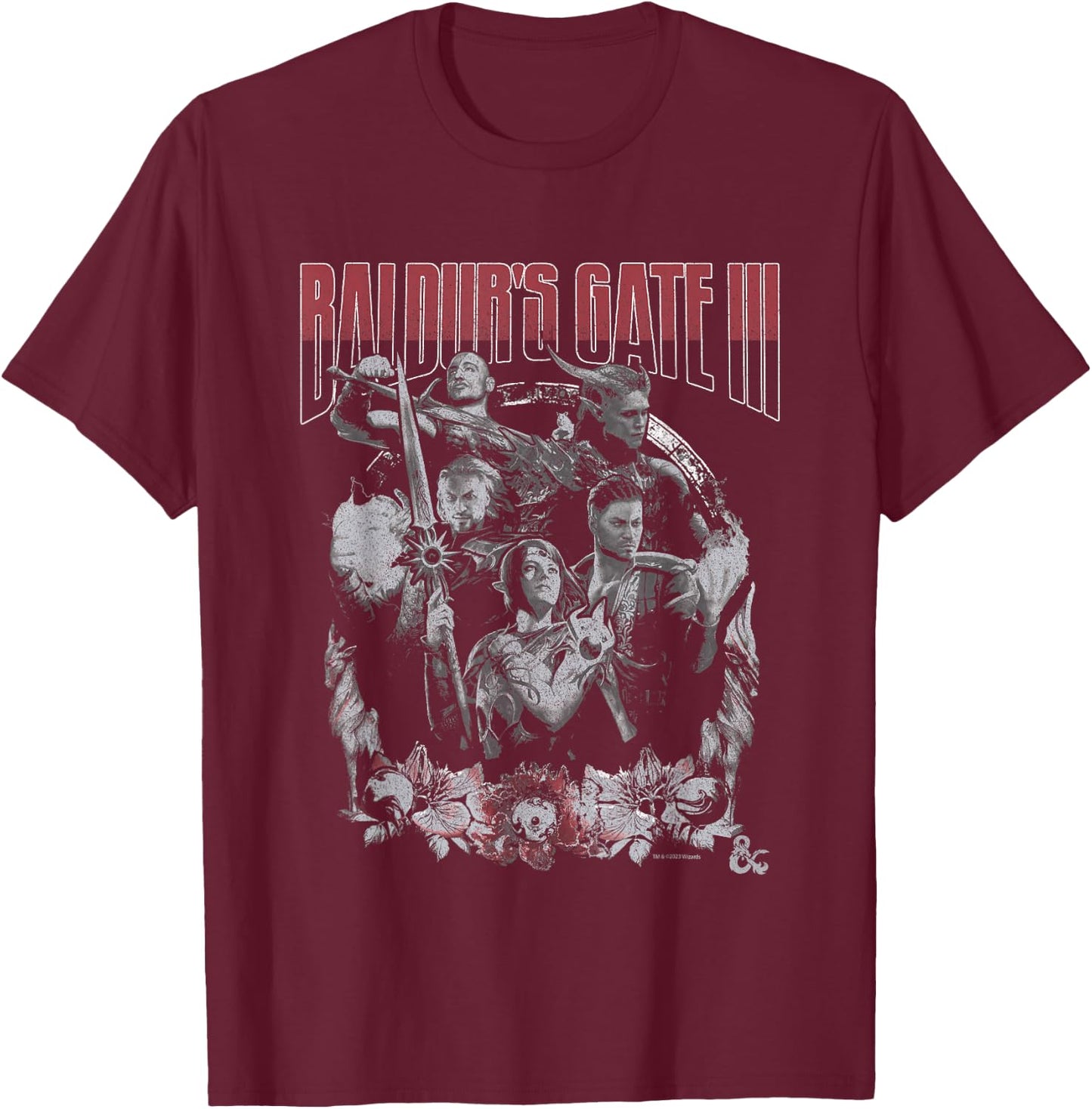 Dungeons & Dragons Baldur's Gate Distressed Floral Frame T-Shirt - T-Shirt | Maroon