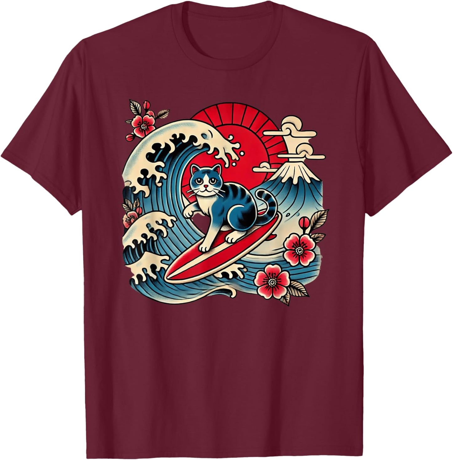 Pet Lover Mt. Fuji Sunset Japanese Wave Art Surfing Cat T-Shirt - T-Shirt | Maroon