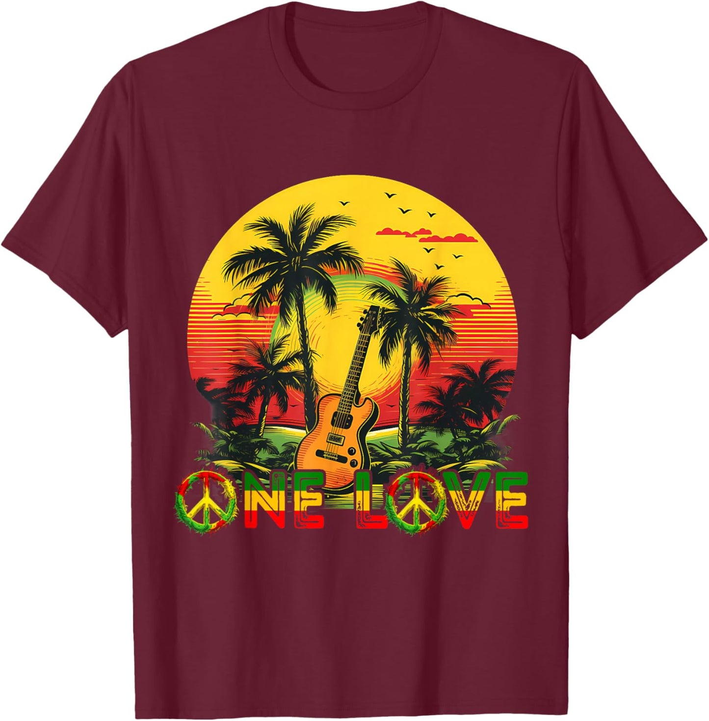 Guitarist Rasta Reggae Sunset Jamaica Reggae Music Guitar , Black, S T-Shirt - T-Shirt | Maroon