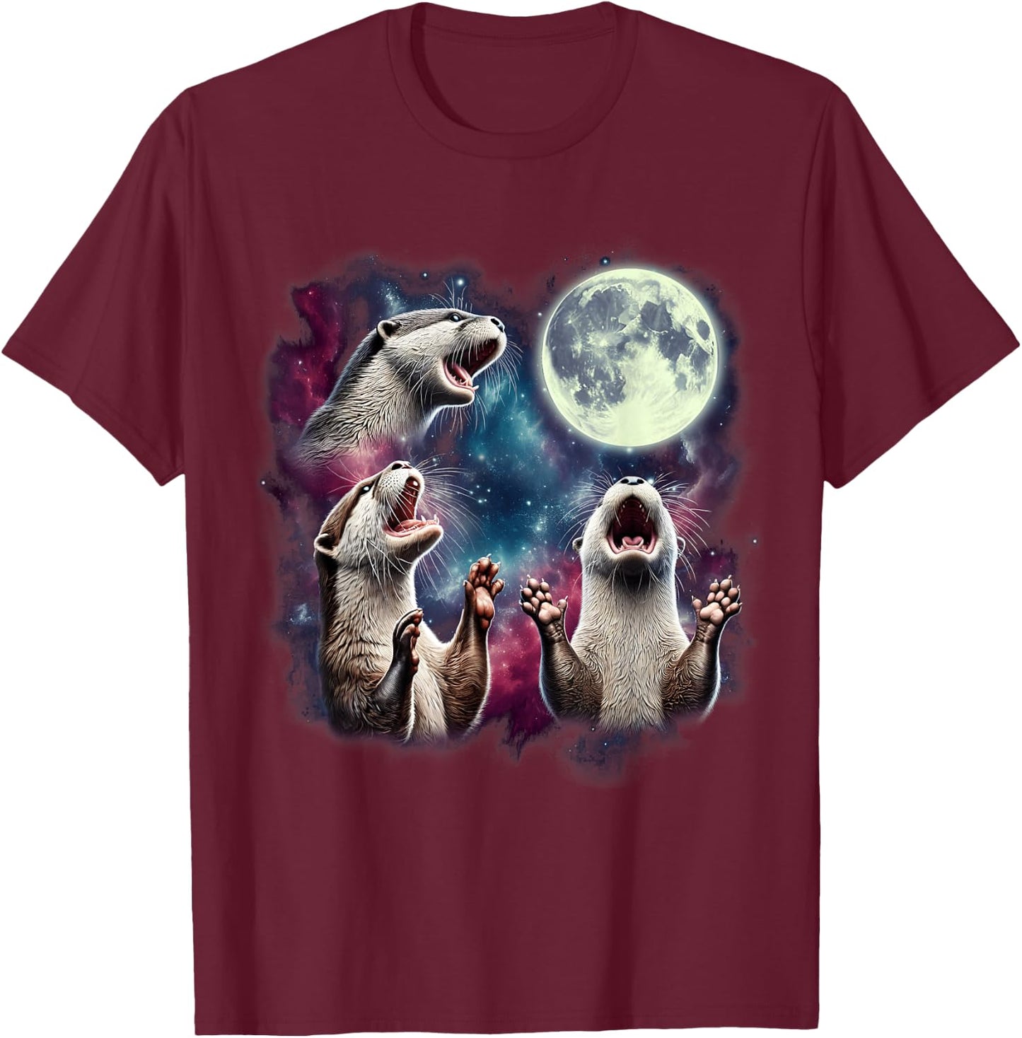 Three Otters Howling at Moon Funny Weird Cursed Meme T-Shirt - T-Shirt | Maroon