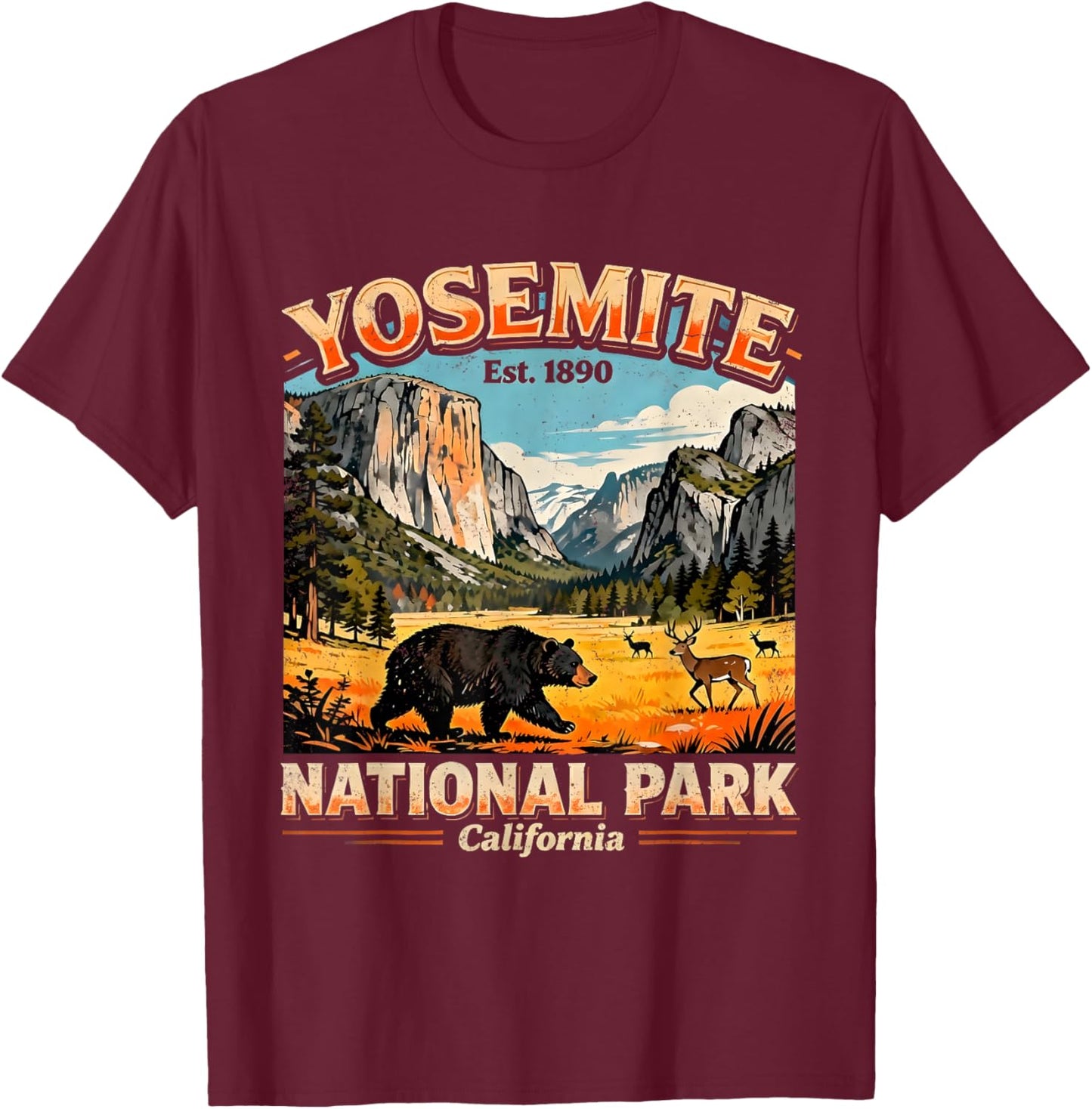 Vintage Yosemite National Park California Nature Hiking T-Shirt - T-Shirt | Maroon