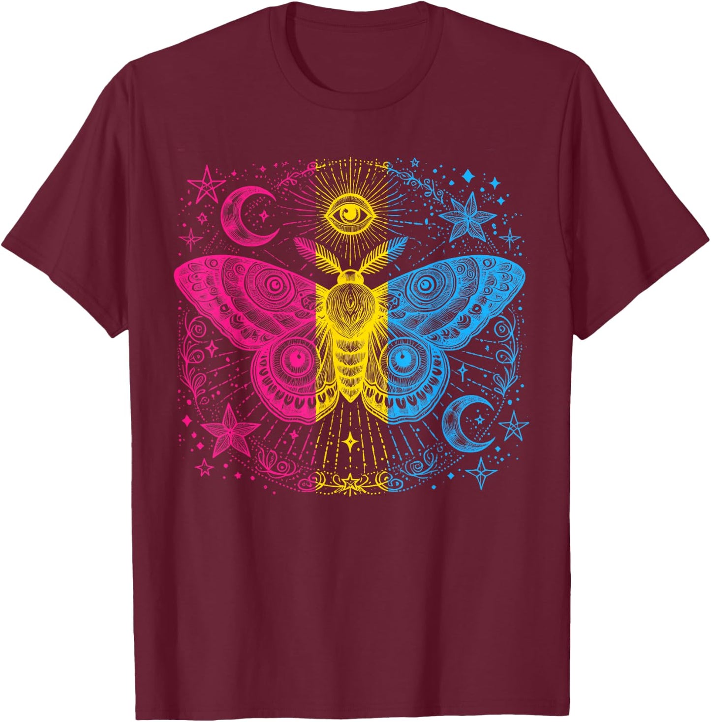 Pansexual Pride Mystical Moth LGBTQ Pan Flag Colors Art T-Shirt - T-Shirt | Maroon