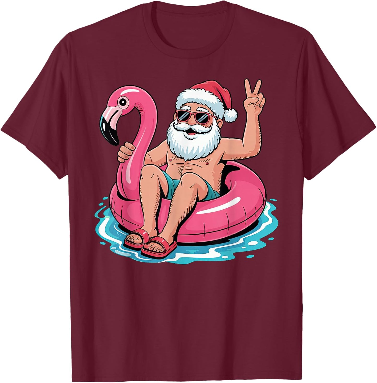 Christmas In July Santa Flamingo Summer Xmas T-Shirt - T-Shirt | Maroon