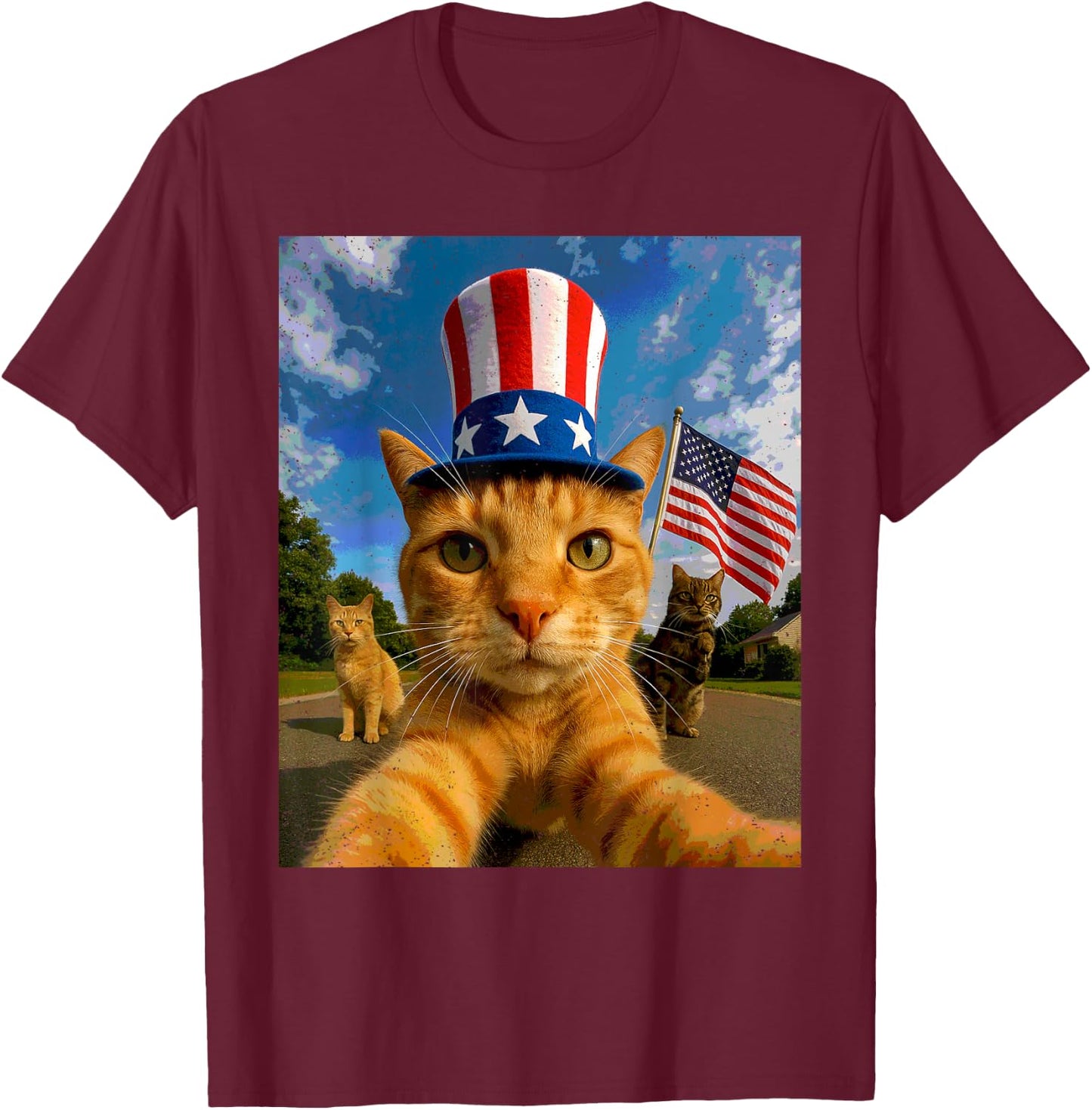 Cat Selfie American Flag 4th Of July Patriotic Kitten Lover T-Shirt - T-Shirt | Maroon