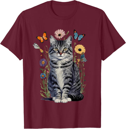 Stunning Cat Wildflowers Butterflies Cottagecore Aesthetic T-Shirt - T-Shirt | Maroon
