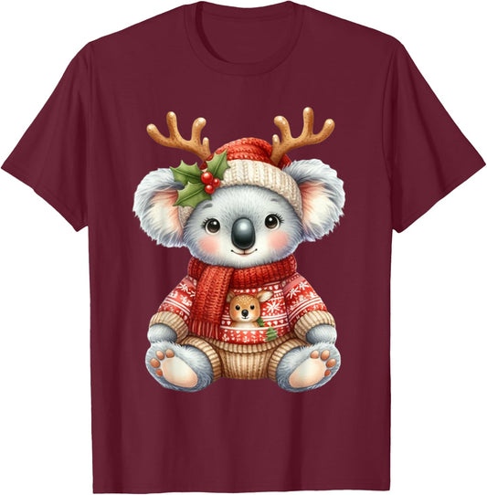 Koala Reindeer Hat Santa Christmas Funny Koala Xmas T-Shirt - T-Shirt | Maroon