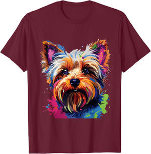 Cool Colorful Yorkshire Terrier Portrait Graphic T-Shirt - T-Shirt | Maroon