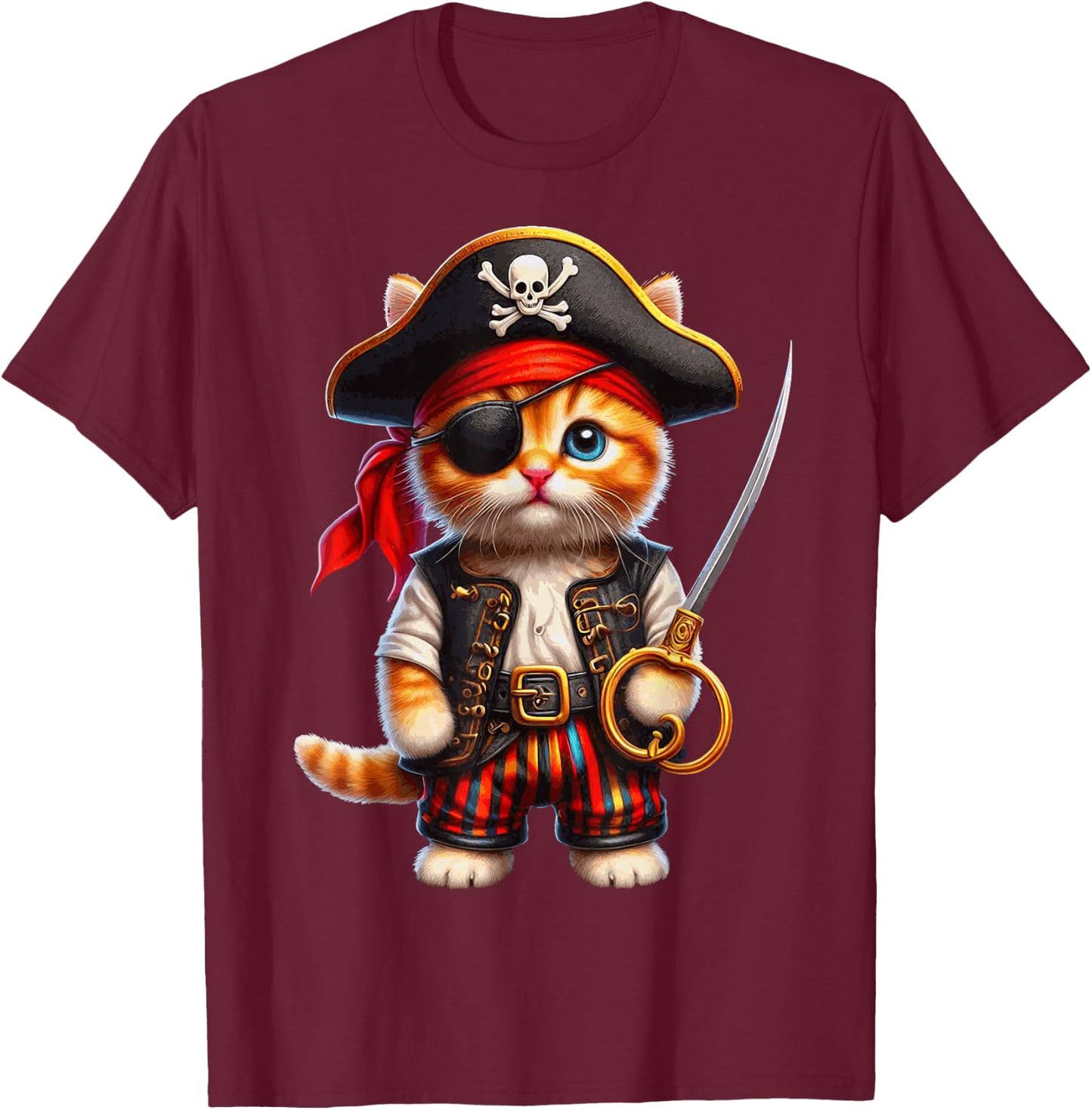 Pirate Kitten Playful Cat Vibrant Cute Kitty Sword Fun Art T-Shirt - T-Shirt | Maroon