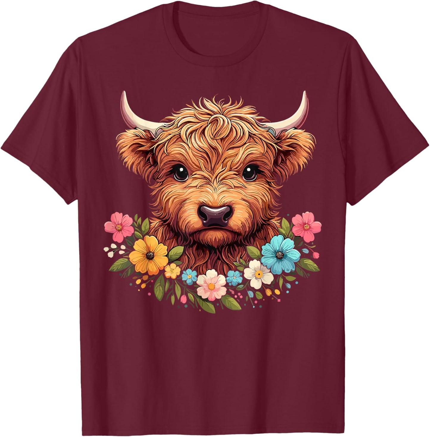 Baby Highland Cow Flowers Scottish Farm T-Shirt - T-Shirt | Maroon