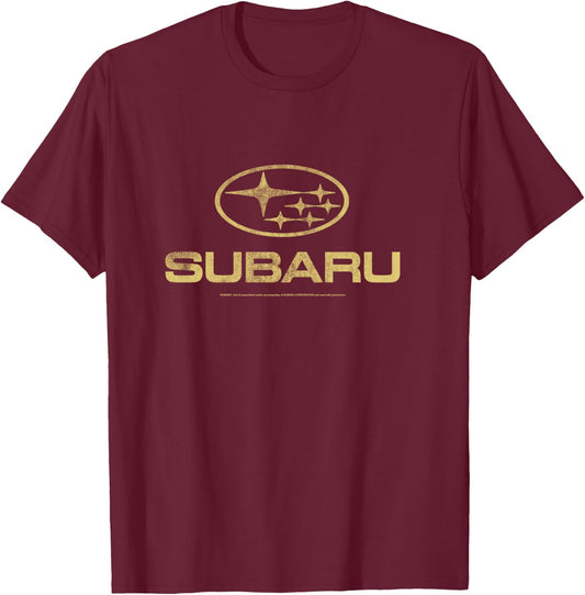 Subaru Distressed Star Logo in Yellow Car Company Manche Longue T-Shirt - T-Shirt | Maroon