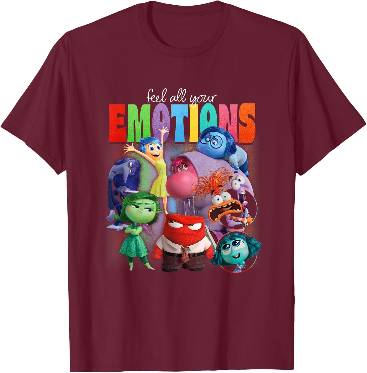 Disney Pixar Inside Out 2 Feel All Your Emotions Vintage , Black, S T-Shirt - T-Shirt | Maroon