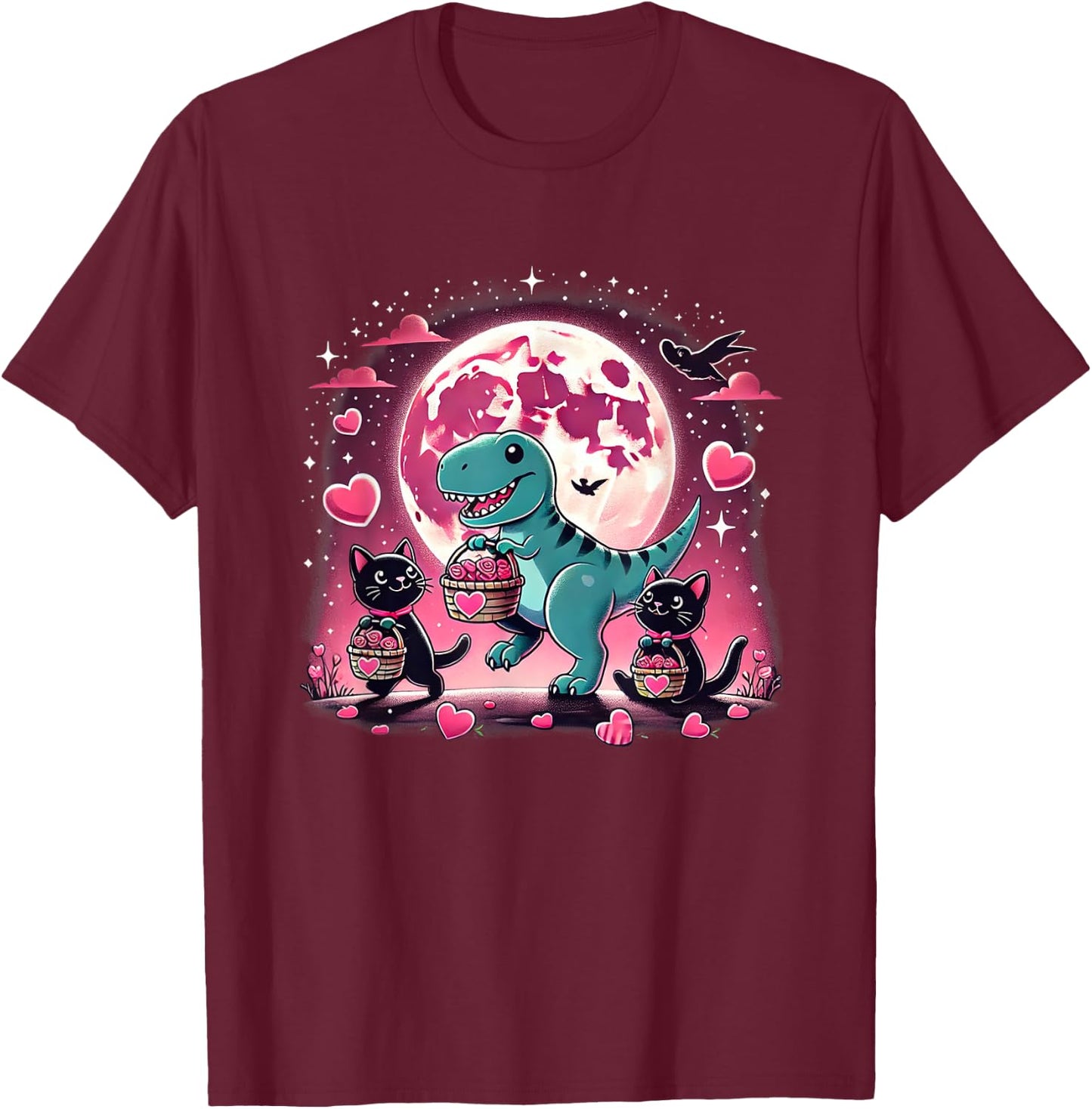 Funny Cats and Dino Valentine’s T-Rex Hearts T-Shirt - T-Shirt | Maroon