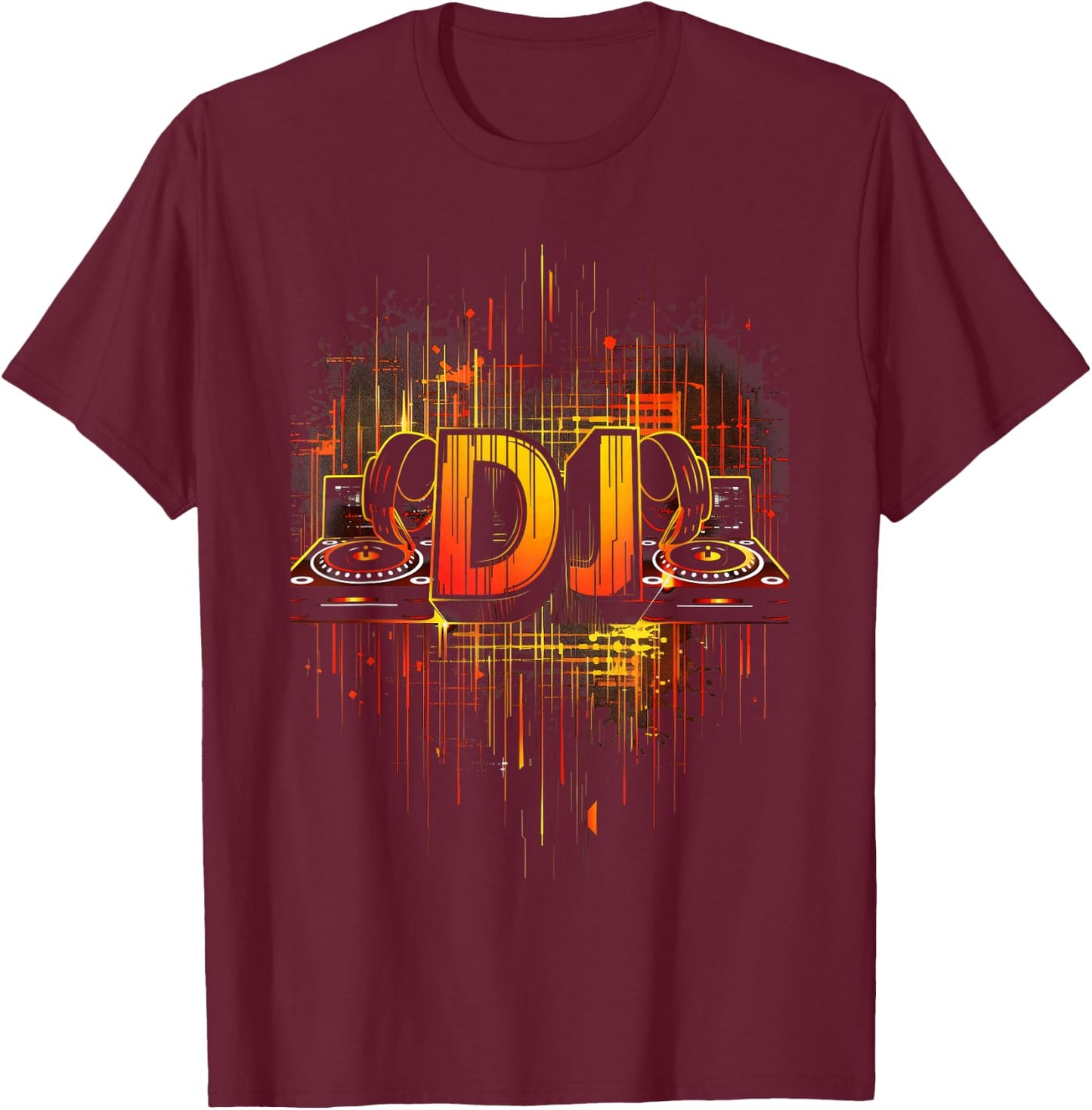 DJ a designer artist with headphones and turntables , Black, S T-Shirt - T-Shirt | Maroon