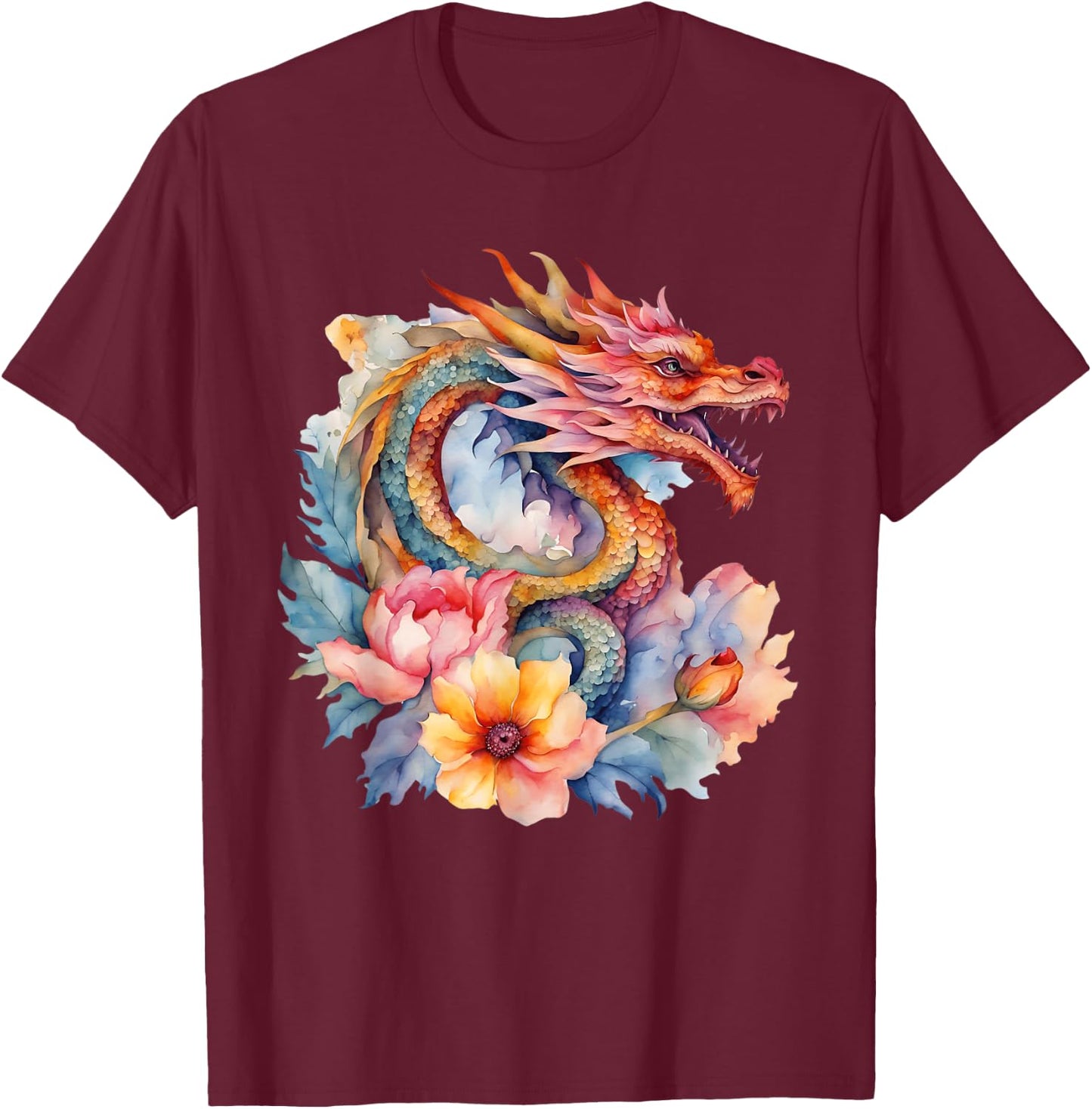 Watercolor Dragon Flowers Beautiful Art Colorful Graphic T-Shirt - T-Shirt | Maroon