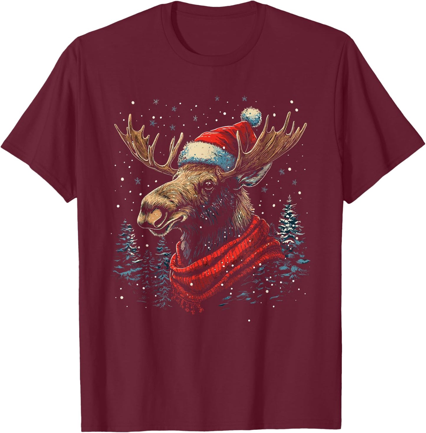 Moose Santa Hat Christmas Pajama Funny Moose Xmas T-Shirt - T-Shirt | Maroon