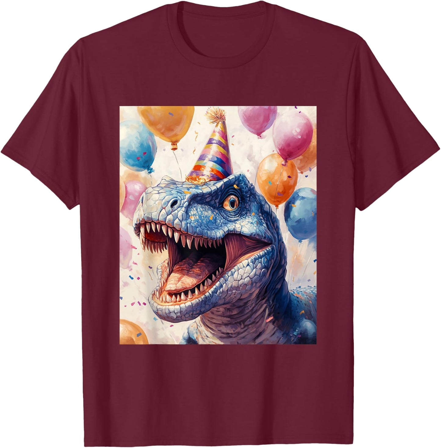 Carnotaurus Dino Retro Art Birthday Balloons Party Hat T-Shirt - T-Shirt | Maroon