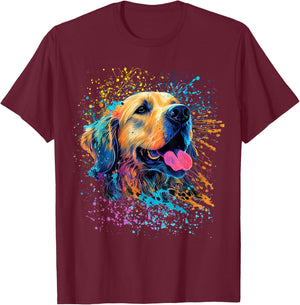 Colorful Splash Art Golden Retriever Puppy Portrait T-Shirt - T-Shirt | Maroon