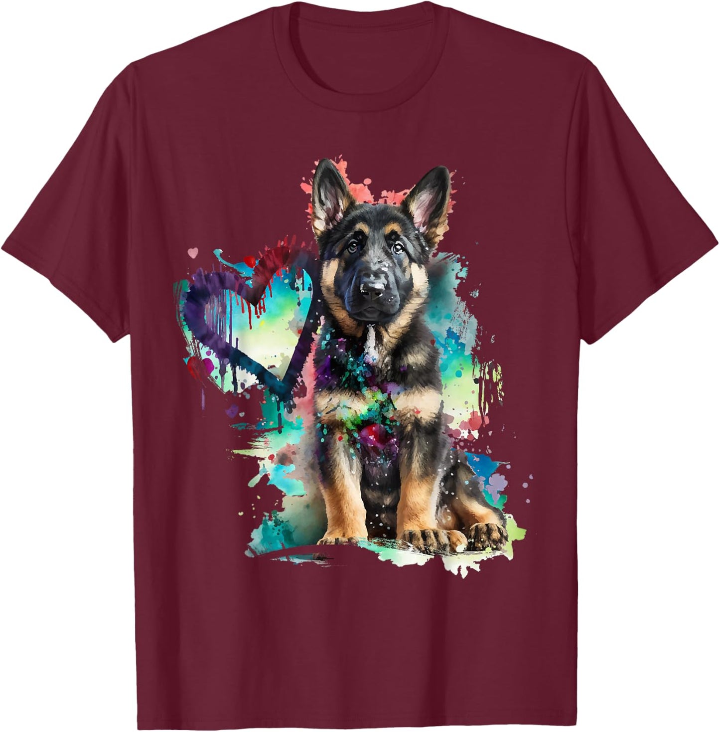 German Shepherd Puppy Mom Lover Watercolor Painting Heart T-Shirt - T-Shirt | Maroon
