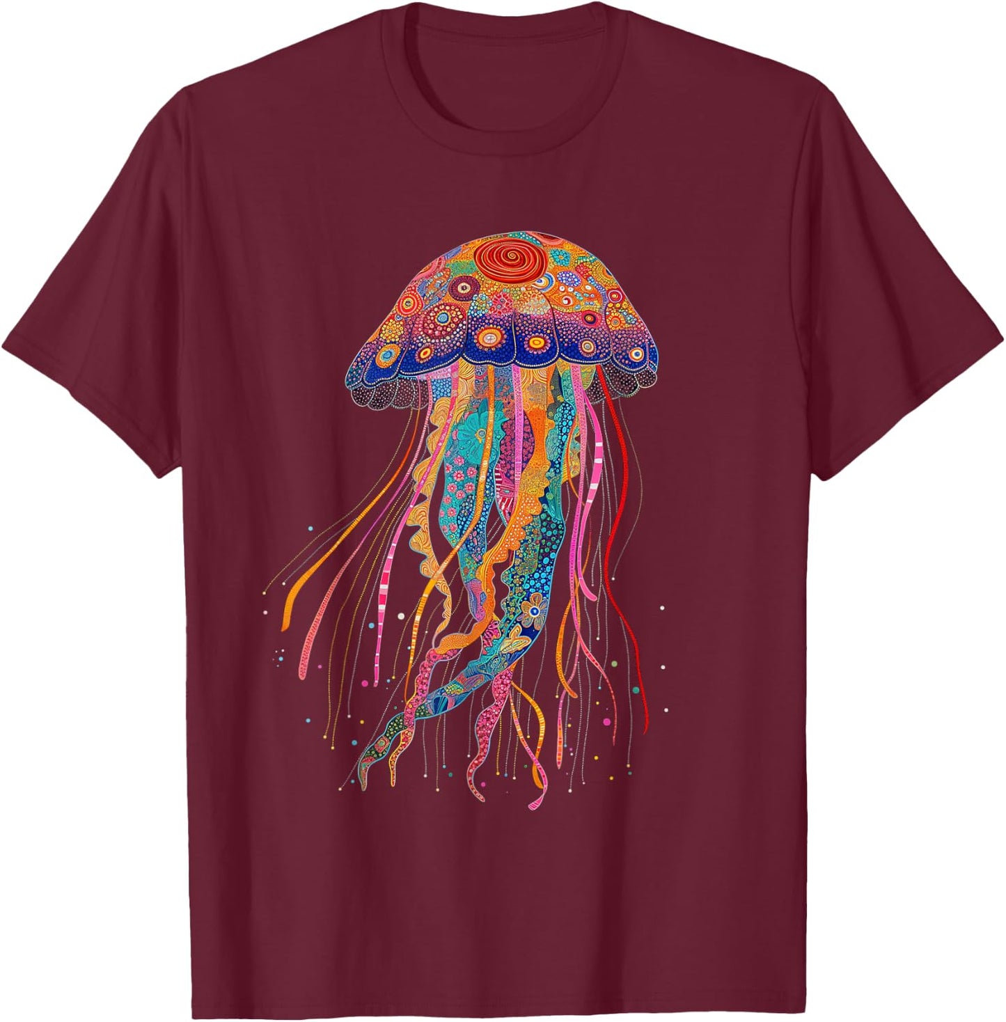 Jellyfish Colourful Floral Pattern Diver Ocean T-Shirt - T-Shirt | Maroon