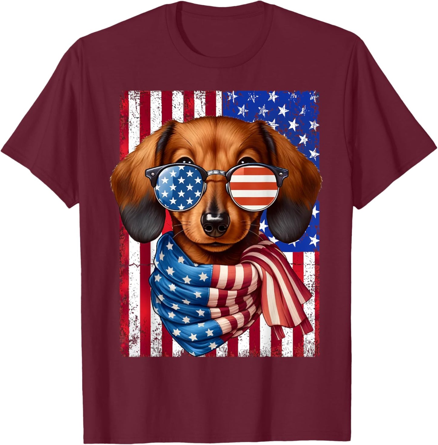 Dachshund Dog USA Flag Sunglasses Patriotic 4th of July Men Women T-Shirt - T-Shirt | Maroon
